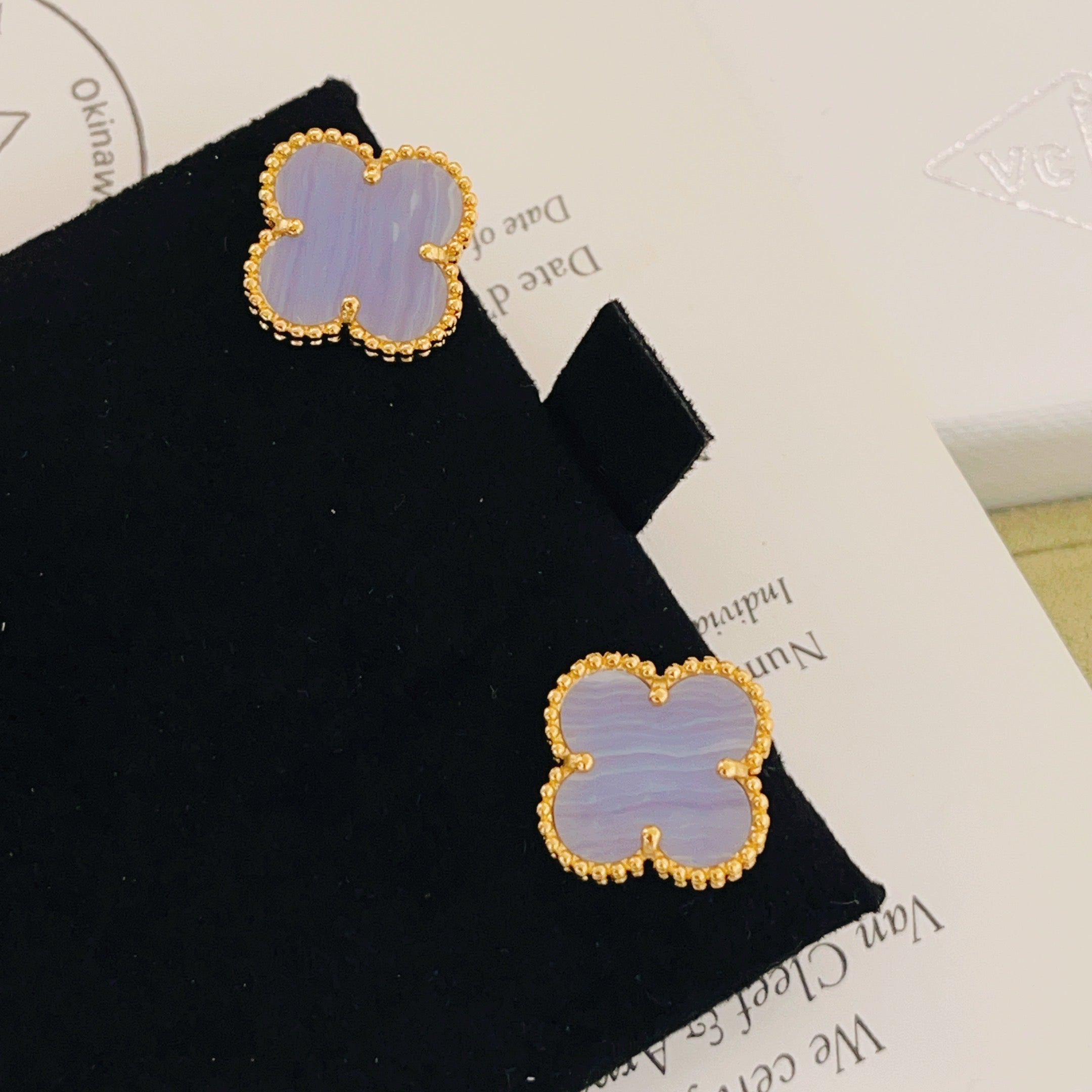 Van Cleef & Arpels Light Blue Clover Gold Stud Earrings