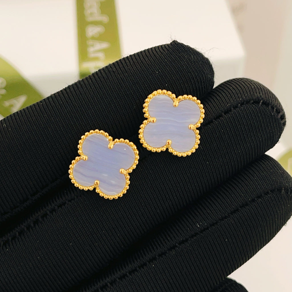 Van Cleef & Arpels Light Blue Clover Gold Stud Earrings