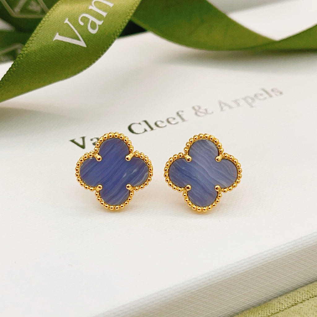 Van Cleef & Arpels Light Blue Clover Gold Stud Earrings