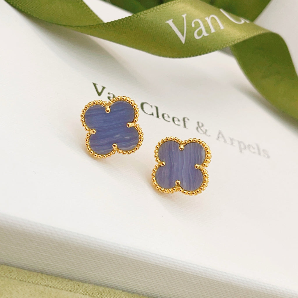 Van Cleef & Arpels Light Blue Clover Gold Stud Earrings