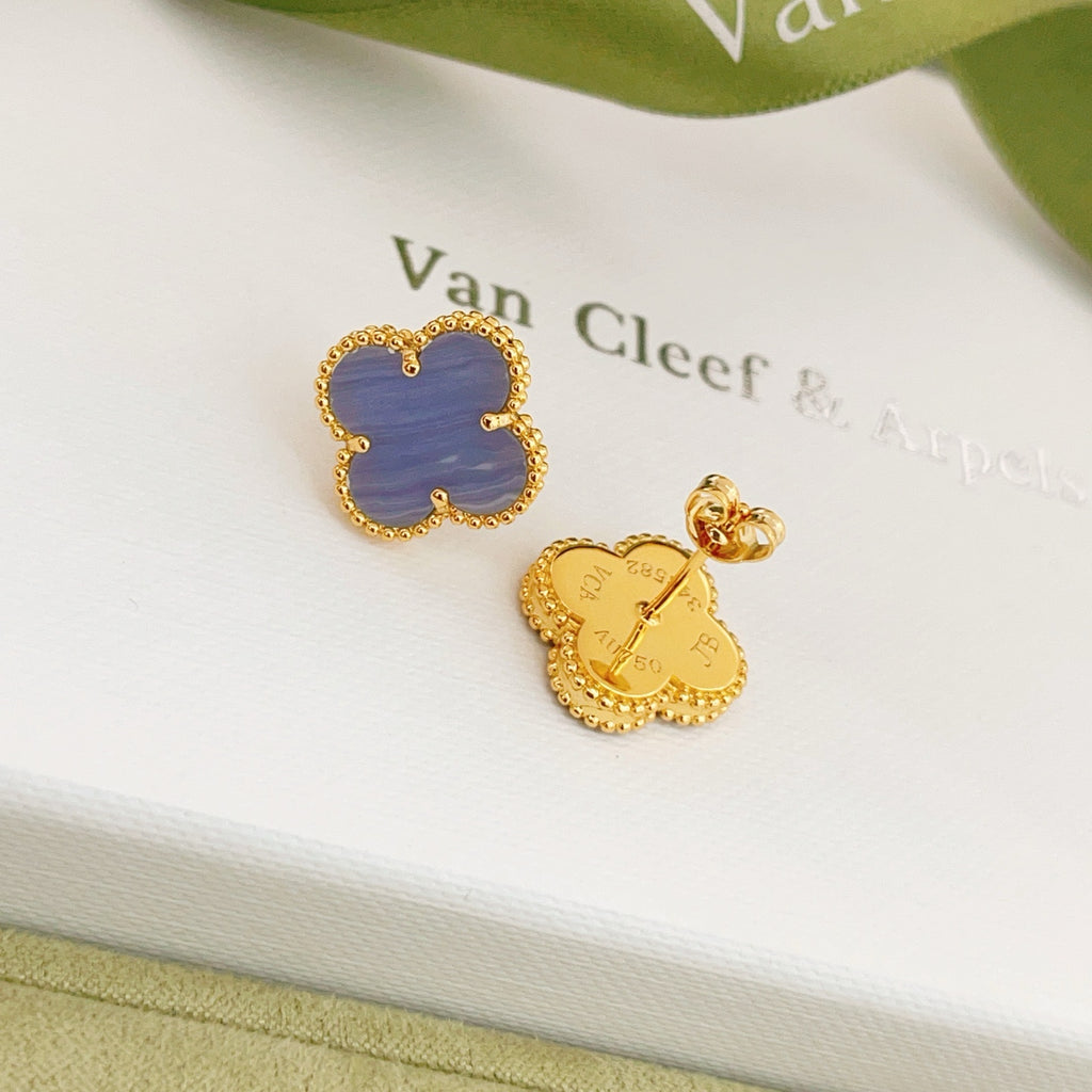 Van Cleef & Arpels Light Blue Clover Gold Stud Earrings