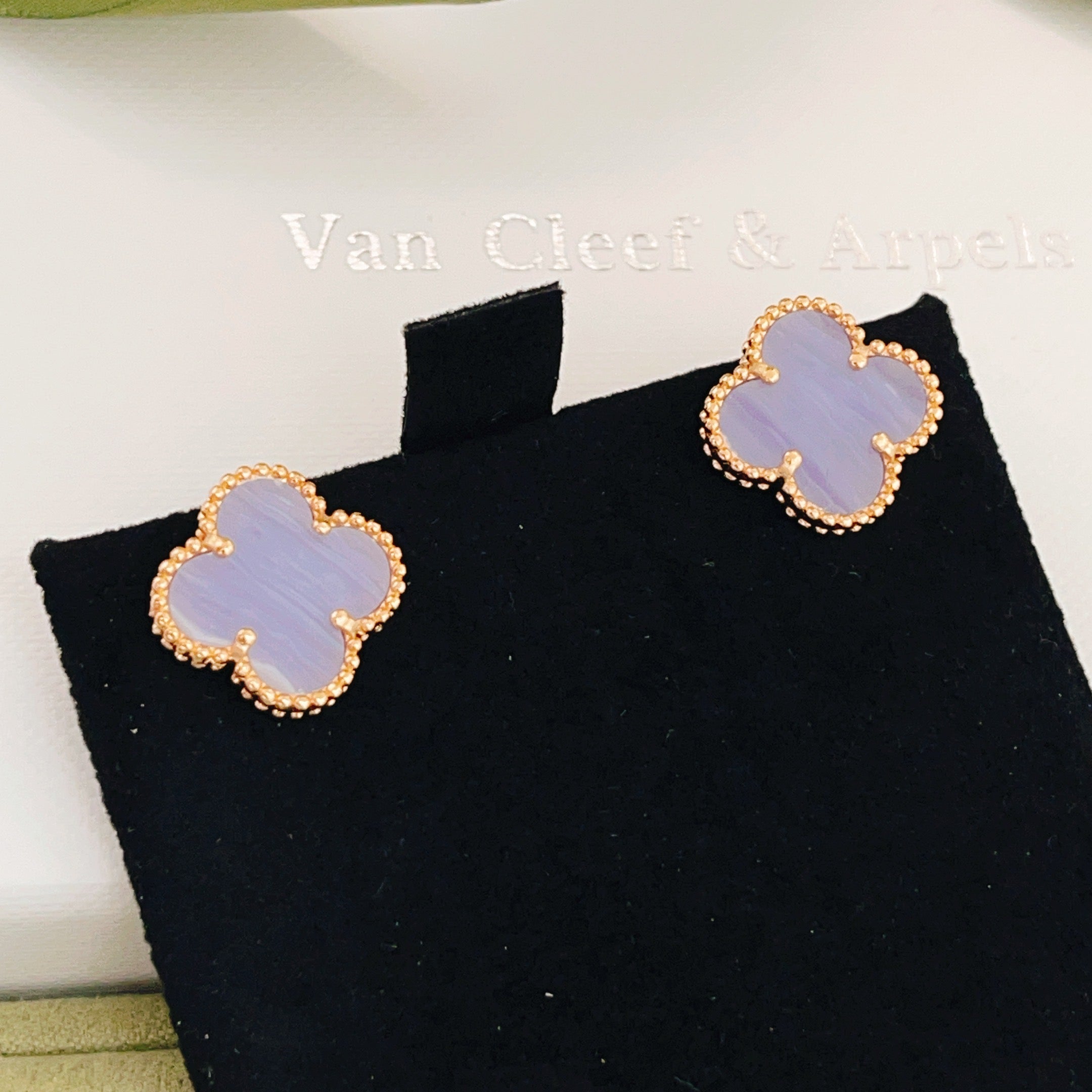 Van Cleef & Arpels Light Blue Clover Gold Stud Earrings